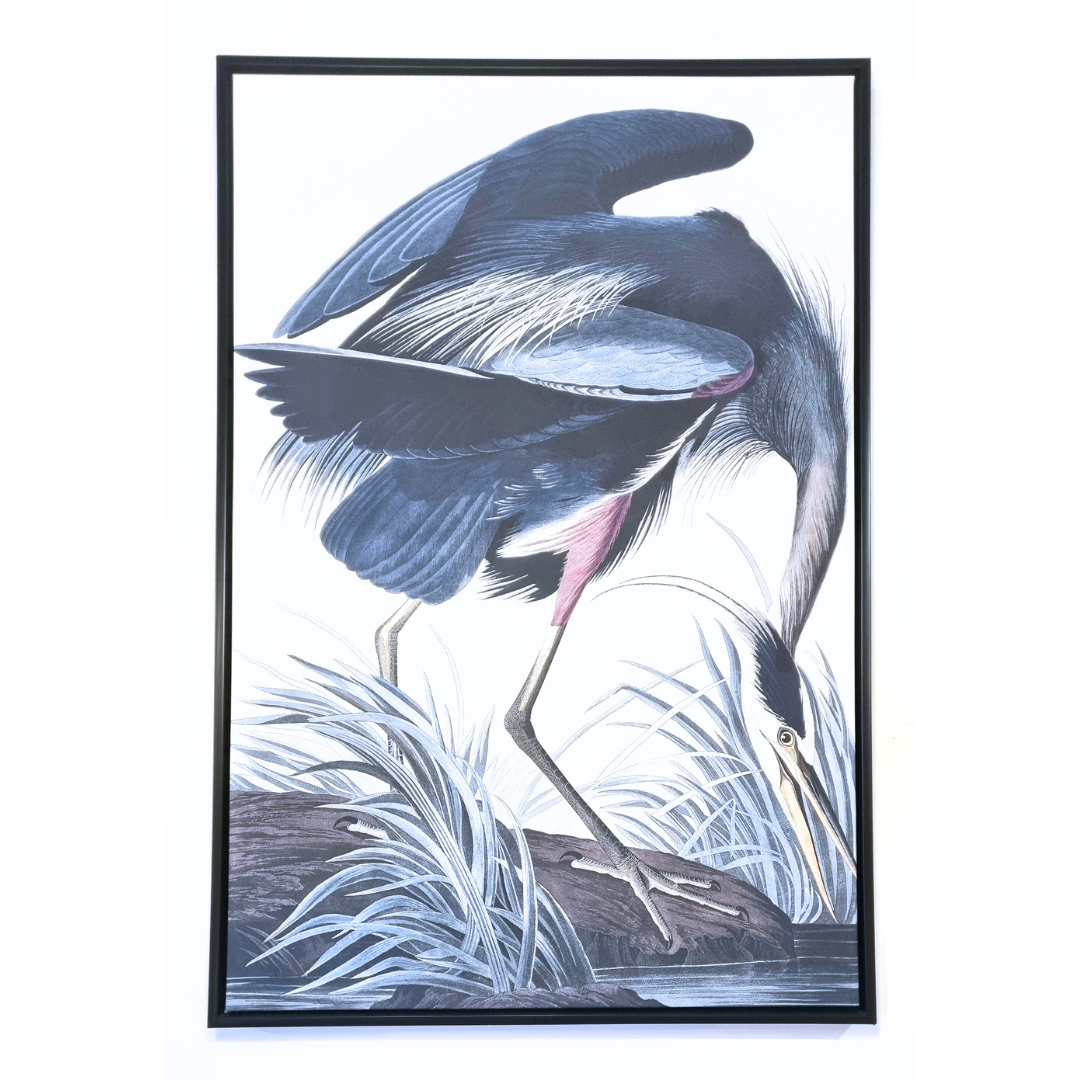 A Canvas print 93 x63cm depicting an artists rendition of a heron at the edge of a river.