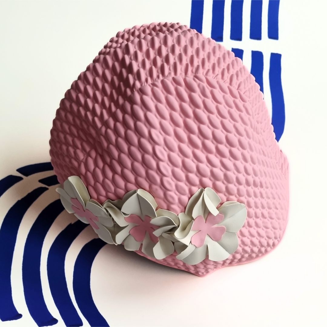 Retro Pink swim cap with white flowers