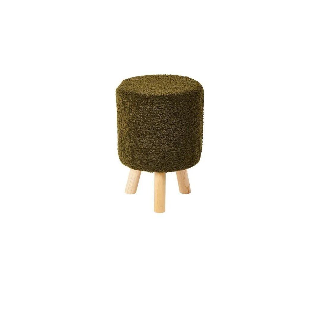 dinky little stool with three wooden legs and upholstered in a rich dark green boucle fabric