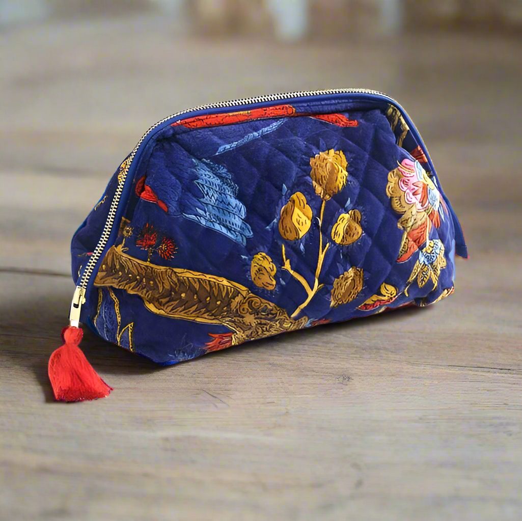 Velvet Pouch Climbing Peacock in royal blue - One Hundred Stars