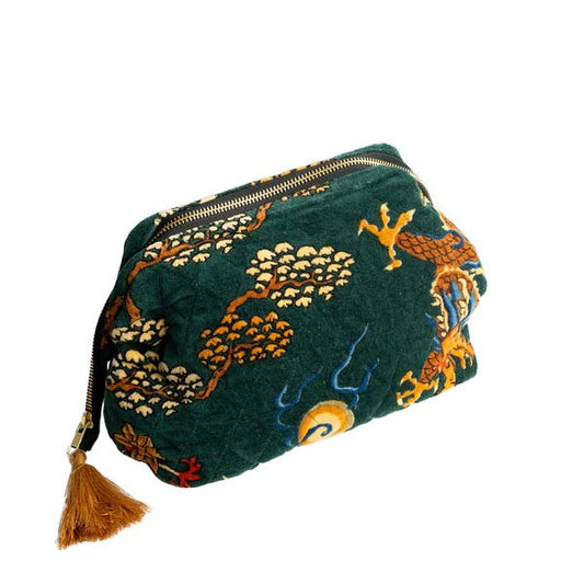 velvet pouch in green with dragon design and rust tassel