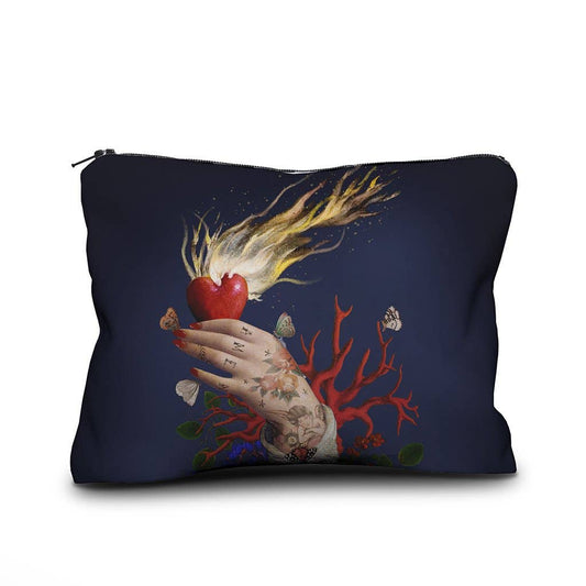 velvet pouch with tattoed hand holding heart
