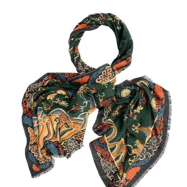 wool scarf in green with dragon motif