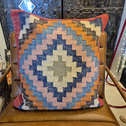 kilim cushion 55 x 55cm  with geometric colourful pattern. wool and jute