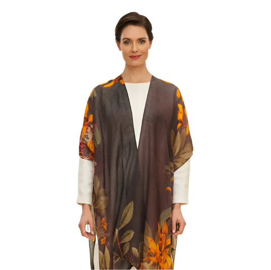 generously sized wrap around in autumn shades of browns, greens and orange