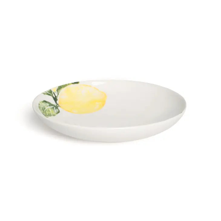 Supper bowl embellished with hand painted lemon on a white background. 