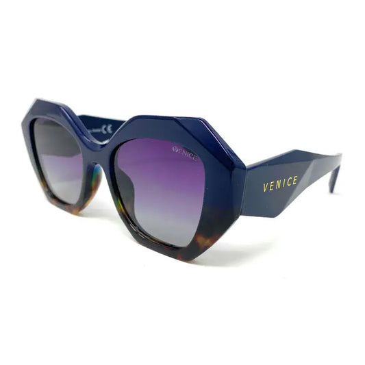 fabulous Hex shaped sunglasses with a navy blue frame that blends into a tortoise shell colour at the lower part of the frames. contemporary 