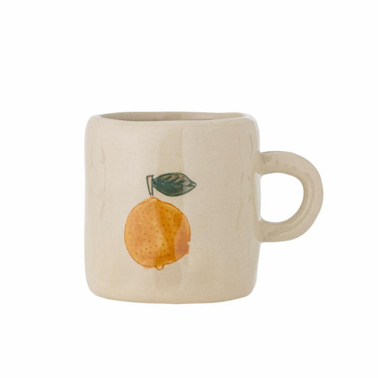 Beige mug with an orange design on a white background