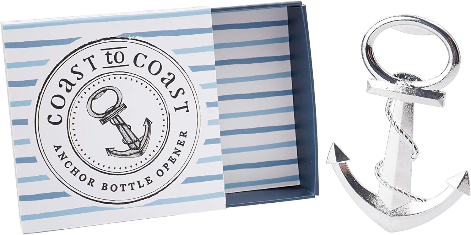 A silver coloured anchor-shaped bottle opener, elegantly crafted and presented in a charming gift box. This nautical-themed accessory adds both style and practicality to any home bar collection.