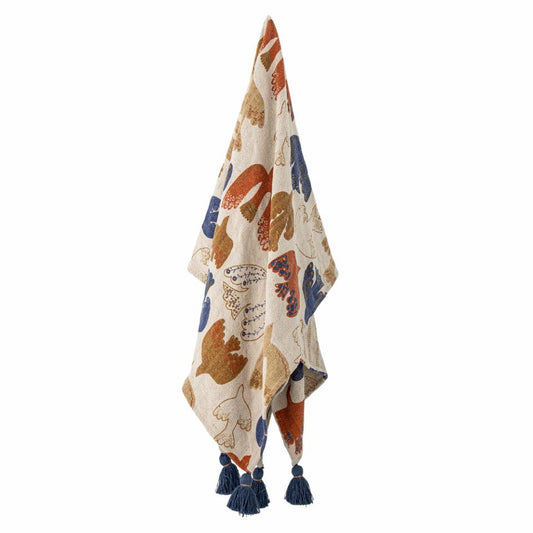 throw with bird motifs and blue tassels