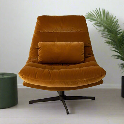 The Wilmington Camel rest chair is a velvet swivel chair. Luxurious to the feel and aesthetically fabulous. It has a retro feel to it and would elevate any space