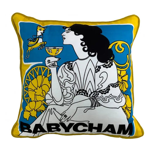 a retro babycham motif from a 70's barmat adorns this luxury velvet and canvas printed cushion which is piped in velvet