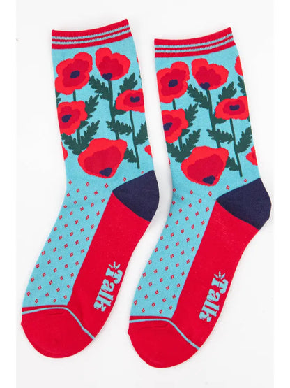 Bamboo ladies socks with a turquoise background and red poppies