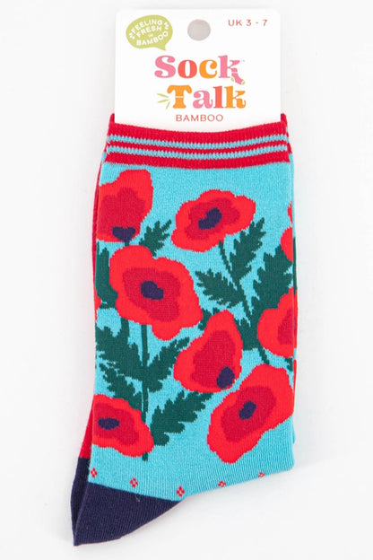 Bamboo ladies socks with a turquoise background and red poppies