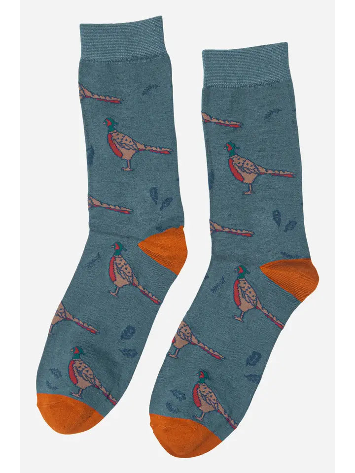 Teal Bamboo mens socks in a teal colour depicting pheasants  An ideal addition to your wardrobe