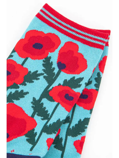 Bamboo ladies socks with a turquoise background and red poppies