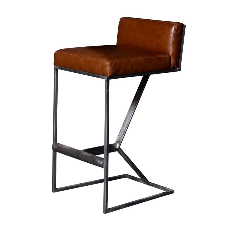 luxury bar chair in leather and iron square seat and low square back rest