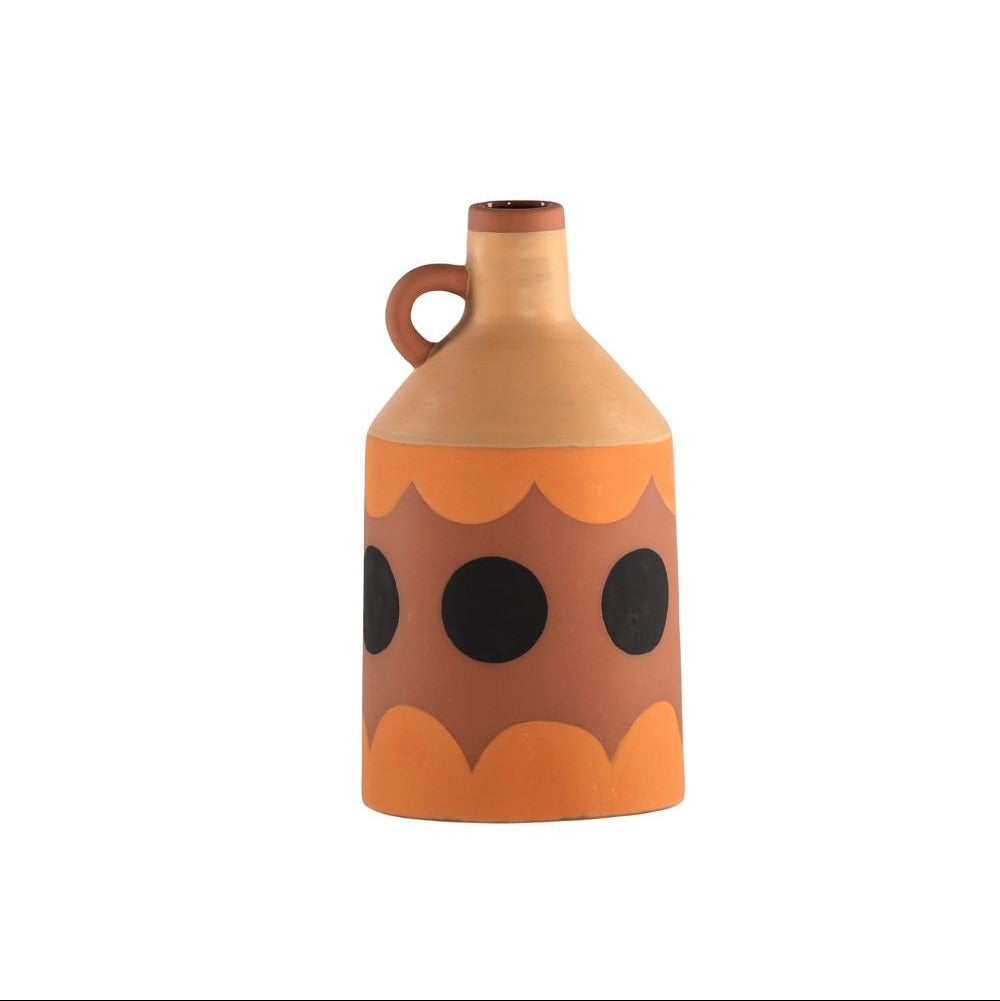 bottle neck decorative vase terracotta orange and black dot. small handle at neck.