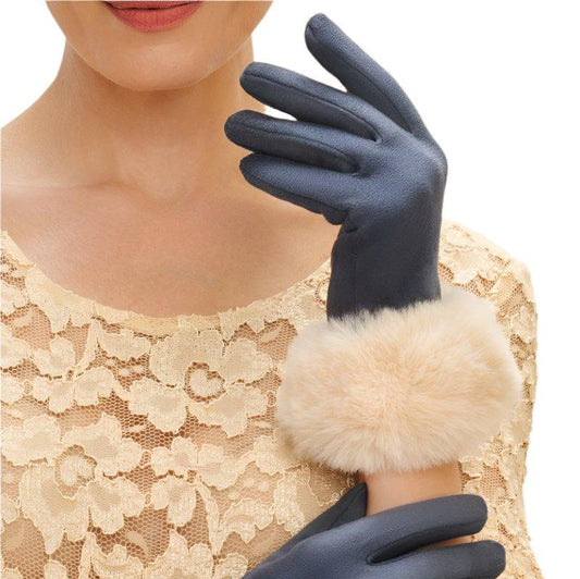 navy faux suede gloves with cream trip