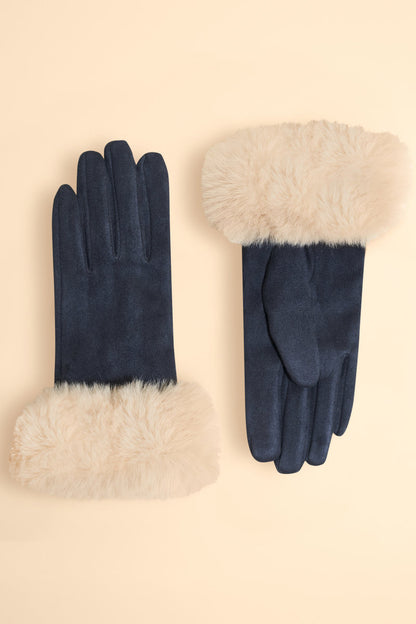 Bettina Faux Suede/Faux Fur Gloves in Navy/Cream