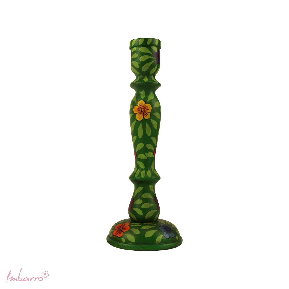 Green candle holder handpainted with leaves and flowers in red blue and yellow