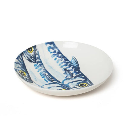 Ceramic dish with blue mackerel design hand painted on a white background