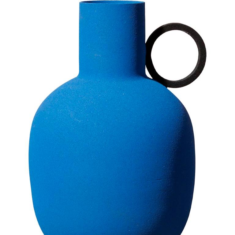 Blue graphic style vase with a sand blasted finish