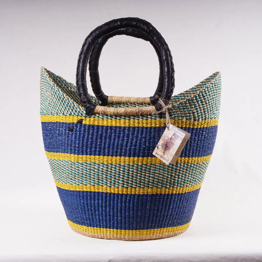 green blue and yellow striped basket handmade