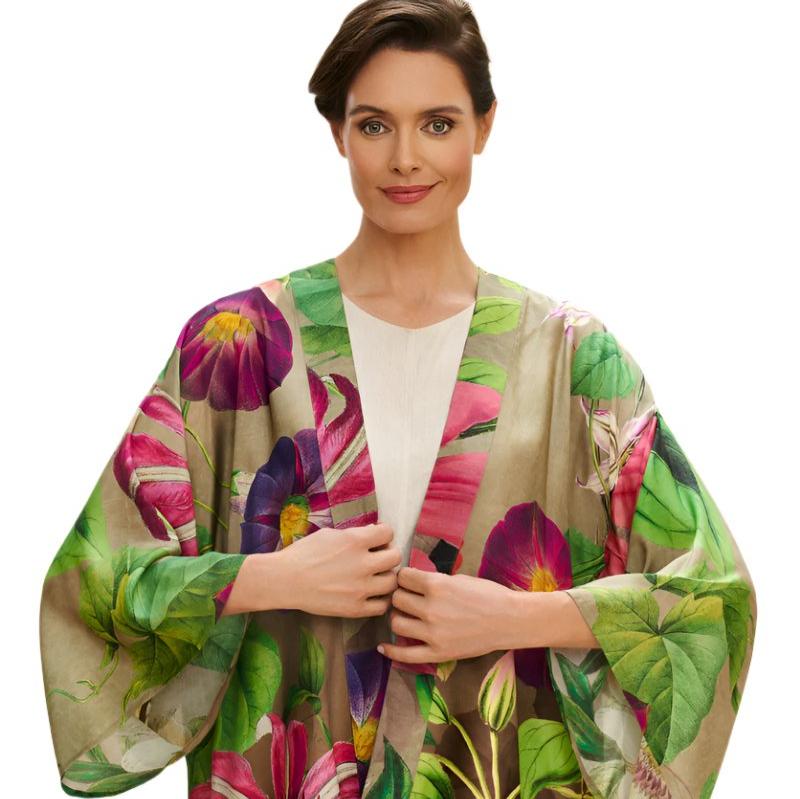 Oversized botanical print kimono with generous sleeve  