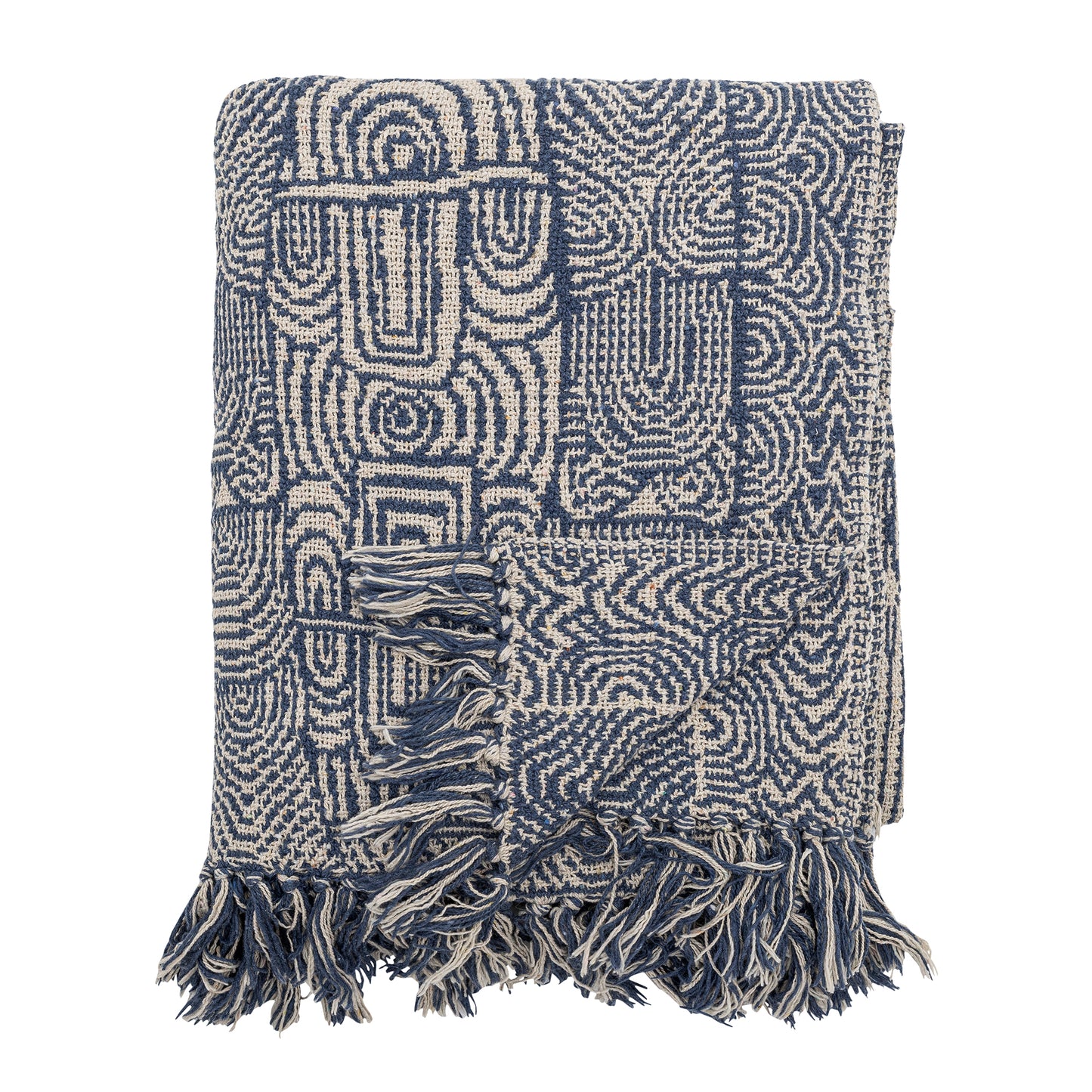 recycled cotton throw with intricate blue and off white design