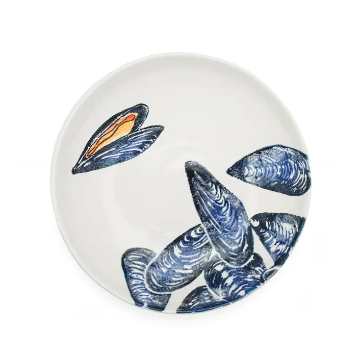 low supper bowl/ pasta bowl ceramic with white background. Featuring hand painted mussels