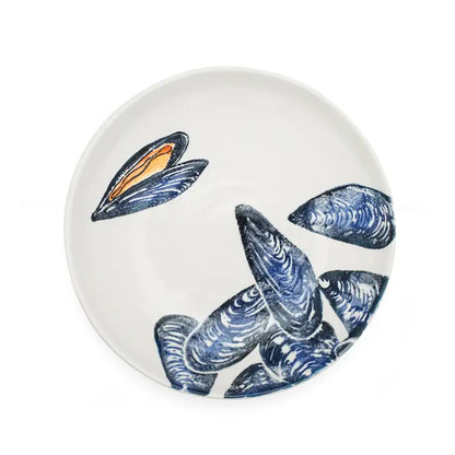 low supper bowl/ pasta bowl ceramic with white background. Featuring hand painted mussels