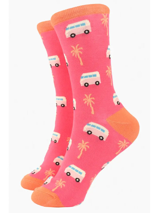 Women's bamboo camper van themed socks with a pink background