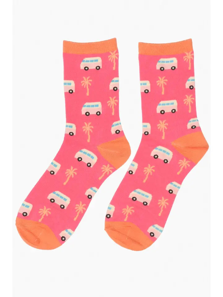 Women's bamboo camper van themed socks with a pink background