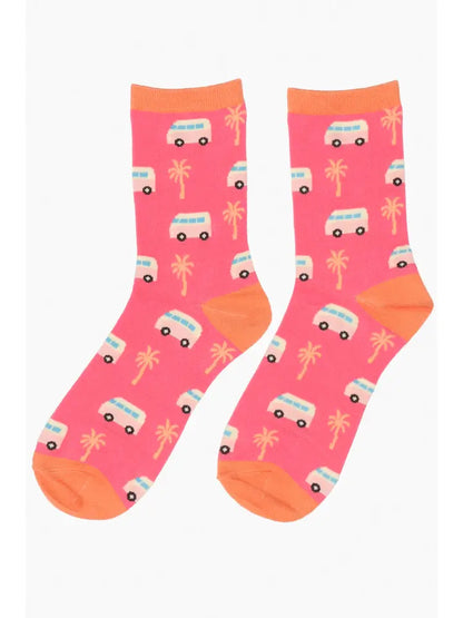 Women's bamboo camper van themed socks with a pink background