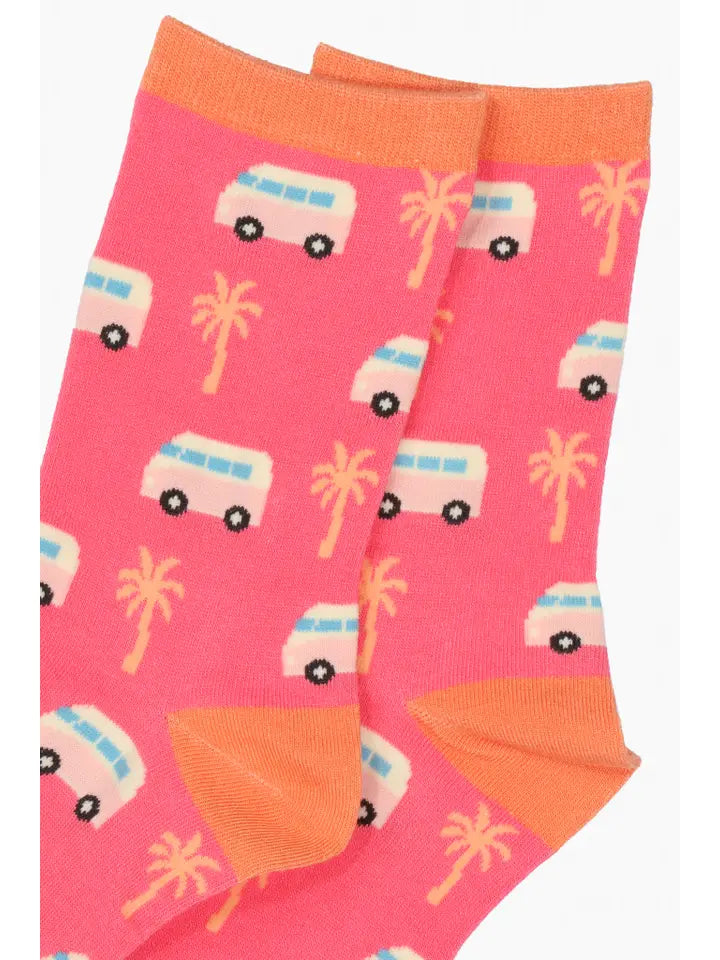 Women's bamboo camper van themed socks with a pink background