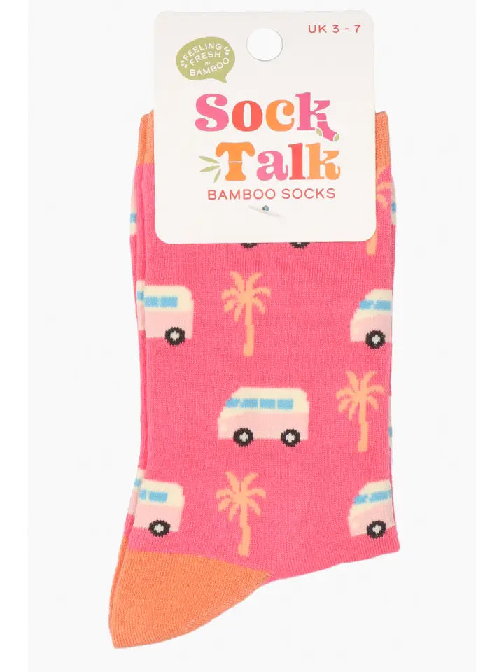 Women's bamboo camper van themed socks with a pink background