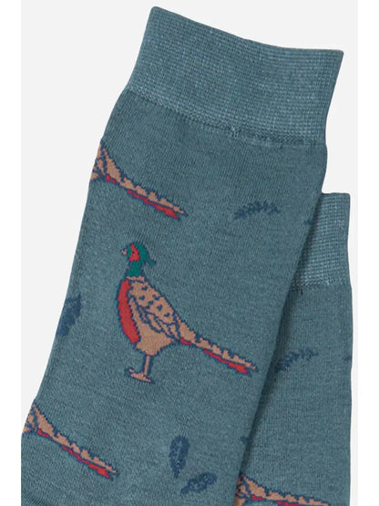 Teal Bamboo mens socks in a teal colour depicting pheasants  An ideal addition to your wardrobe