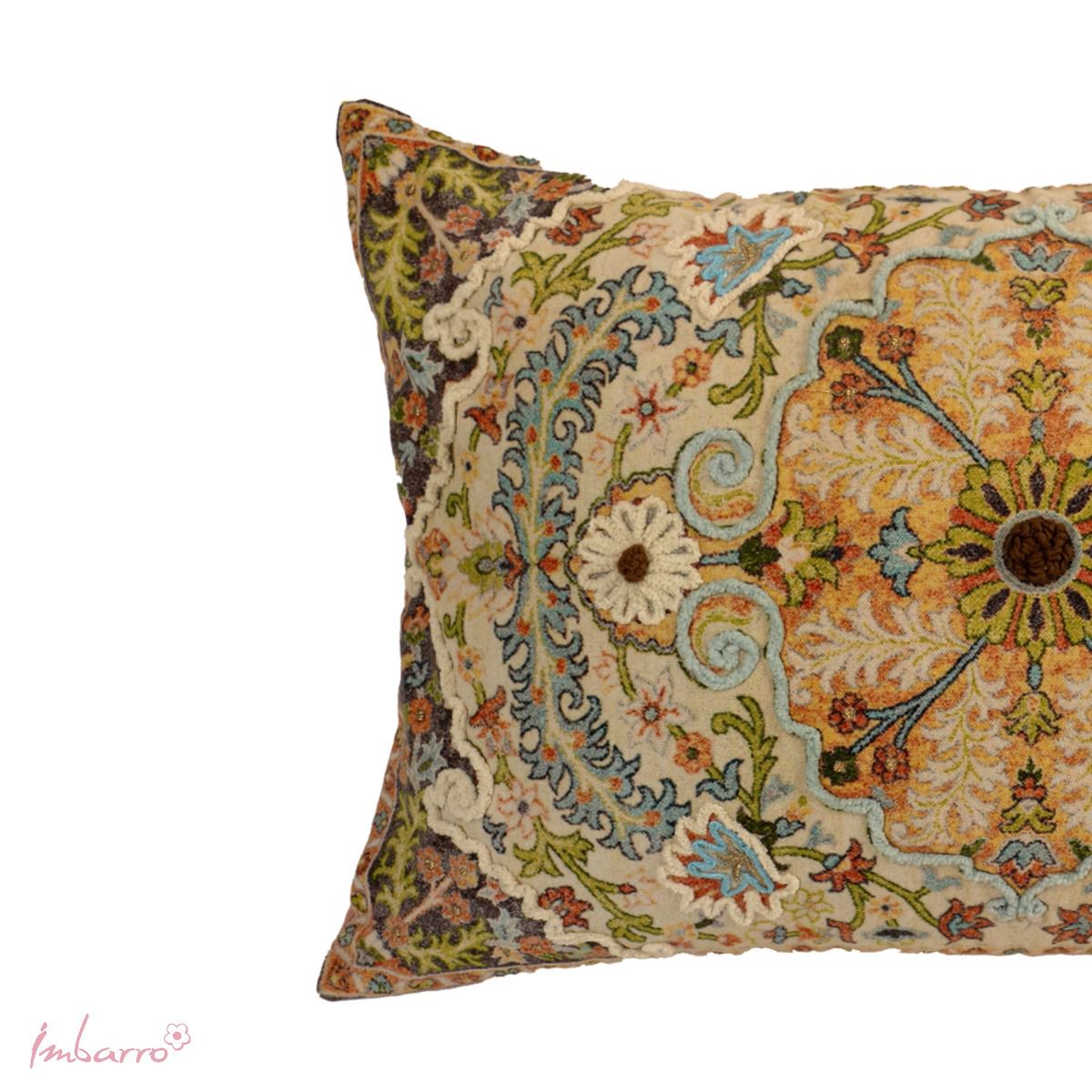 Fresh spring colours, romantic embroidered shapes and wonderfully soft. Hand embroidered. 40 x 60cm. The Cushion Nardia features delicate and intricate floral embroidery that adds a touch of romance.