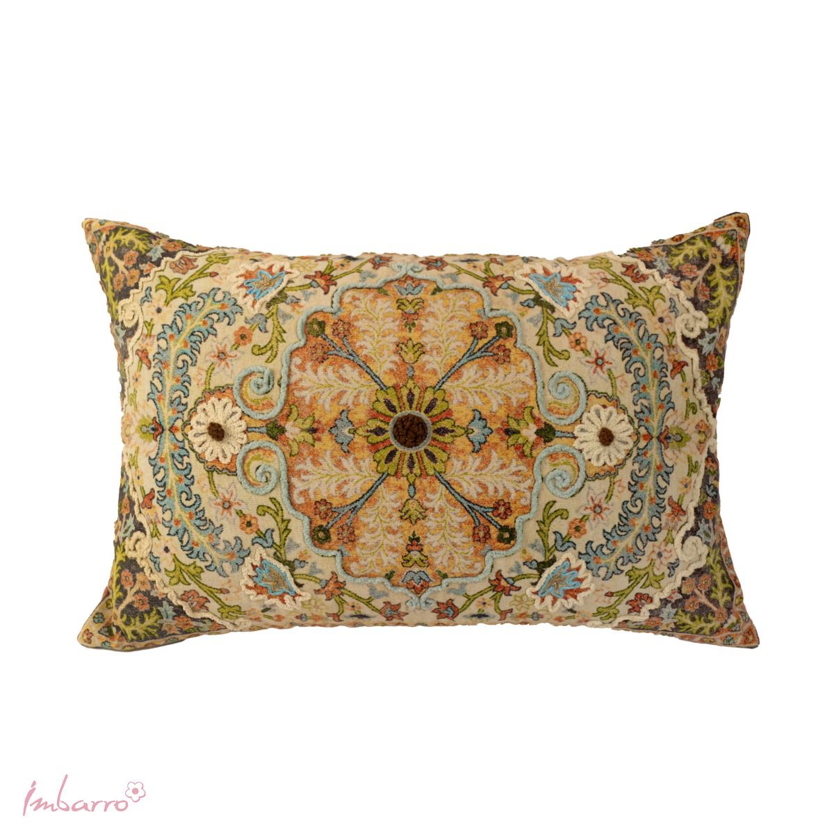 Fresh spring colours, romantic embroidered shapes and wonderfully soft. Hand embroidered. 40 x 60cm. The Cushion Nardia features delicate and intricate floral embroidery that adds a touch of romance