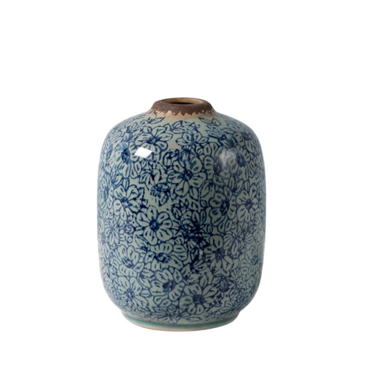 cylinder shaped vase in pale blue with darker blue flowers