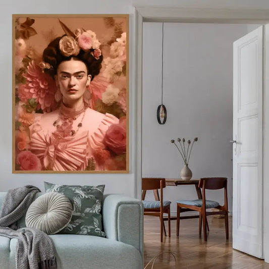 An artistic depiction of Frida Kahlo wearing peachy pink and surrounded by variations of pink and peach flowers in a warm blur