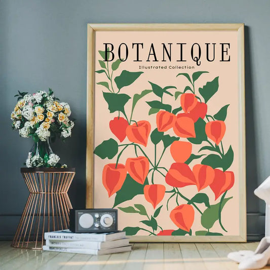 A botanical graphic print with orange lantern flowers 