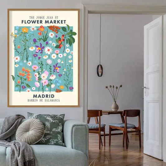 A folk art poster for the Madrid flower market,  with flowers and a blue background