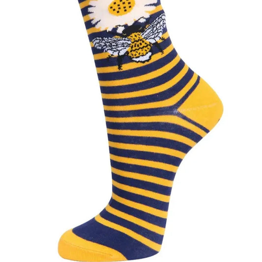 red and navy stripe socks with image of bee and open daisy