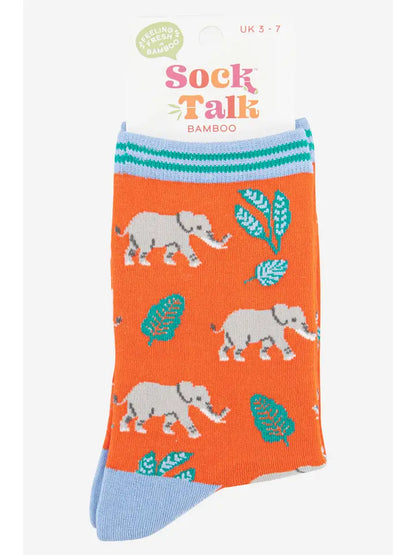 Bamboo ladies socks. An orange background with an elephants and leaf design