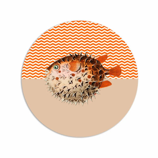 round placemat with orange pufferfish on orange and pale peach background