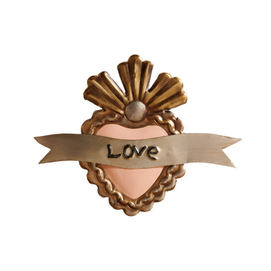 gold coloured heart with light pink centre and love banner