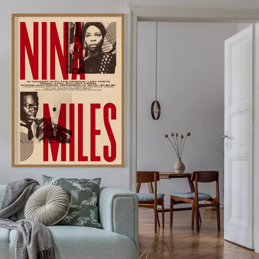 a vintage style jazz poster depicting Nina simone and Miles Davis 