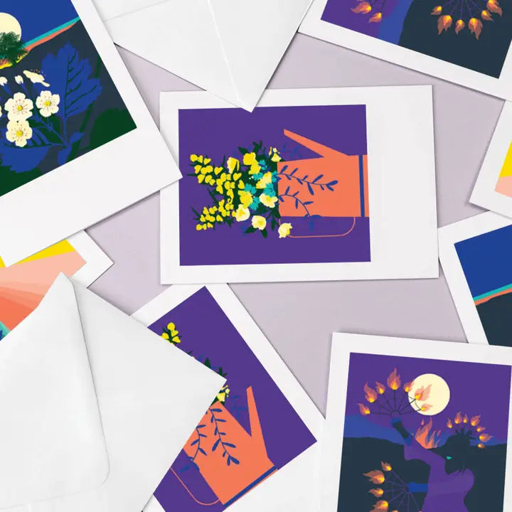 Beautifully illustrated card with yellow flowers in an orange jug with a purple background and framed in white.